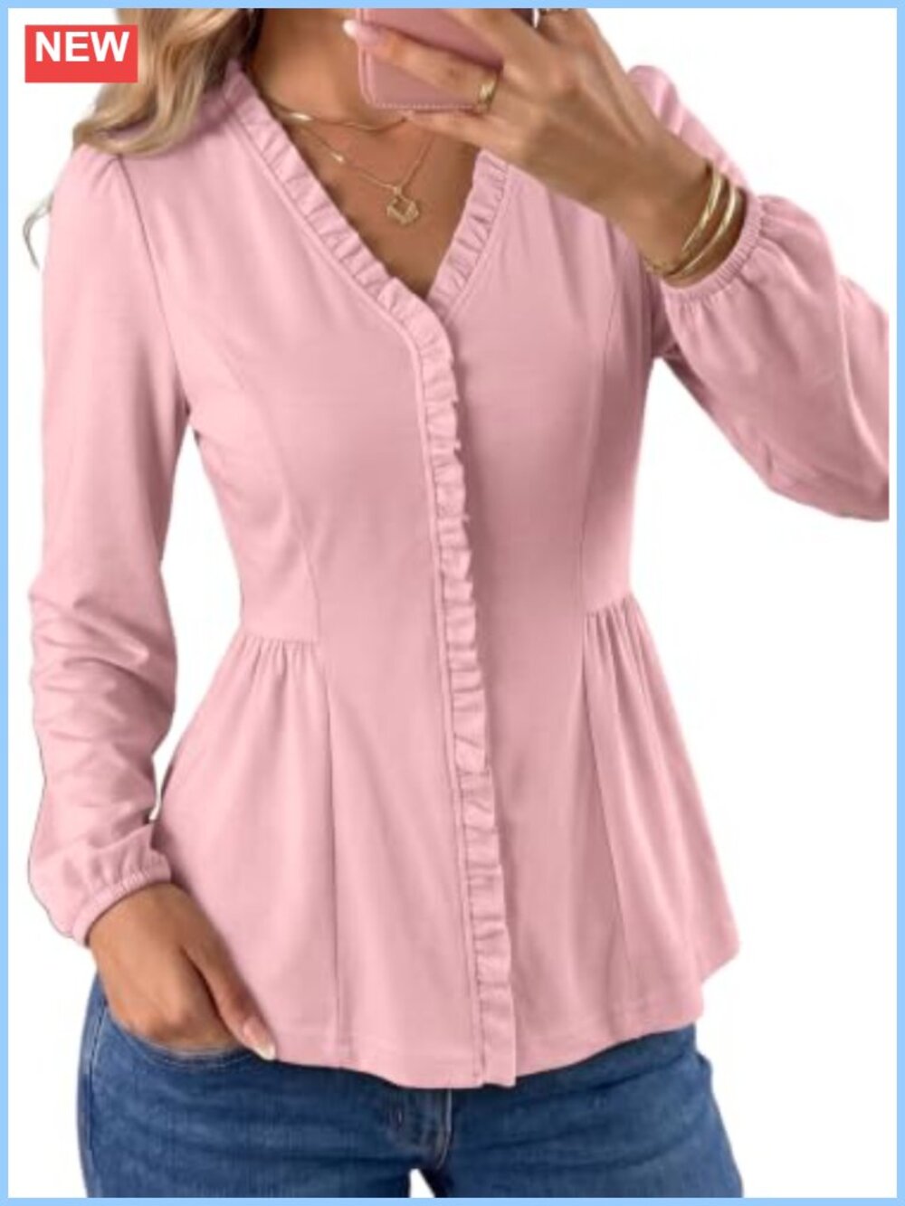 Womens Ruffle Trim V Neck Peplum Blouse Long Sleeve Knit Top